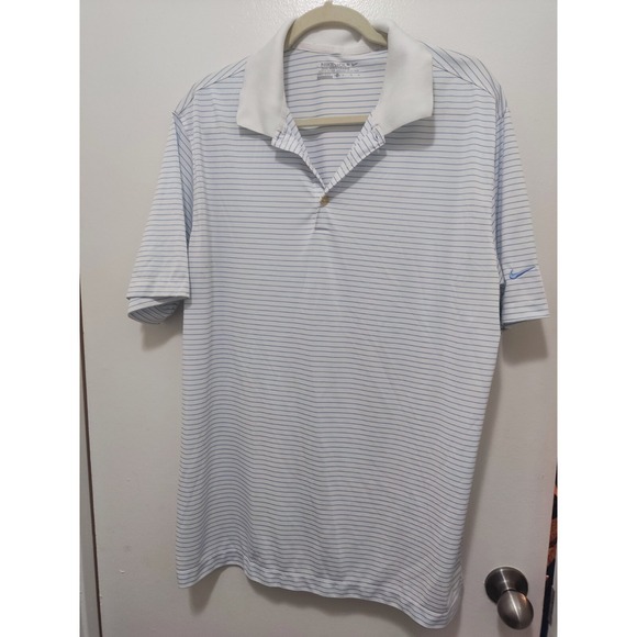 Nike Golf Dry-Fit Mens Size XL White & Blue Pin Strips Short‎ Sleeve Polo Shirt - Picture 1 of 9
